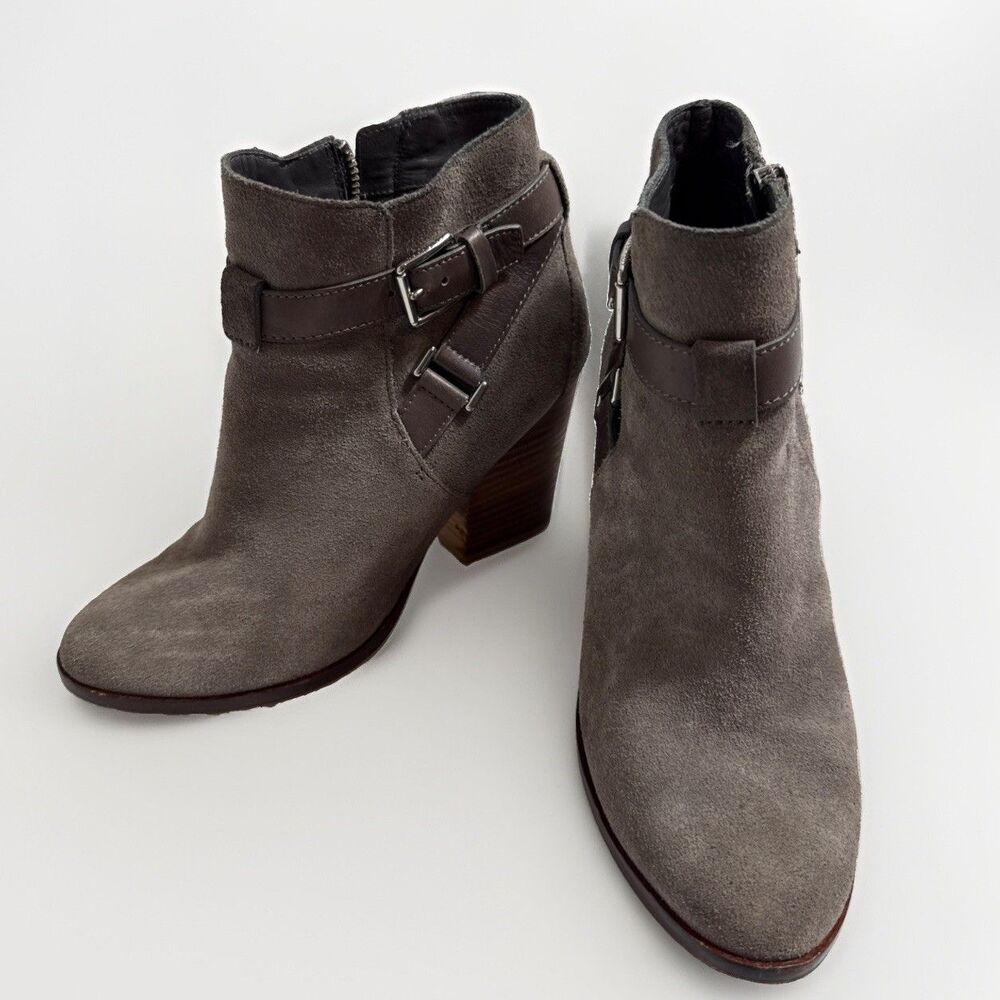 Cole Haan Gray Suede Ankle Boots Womens 7B Zipper Buckles 3” Heels